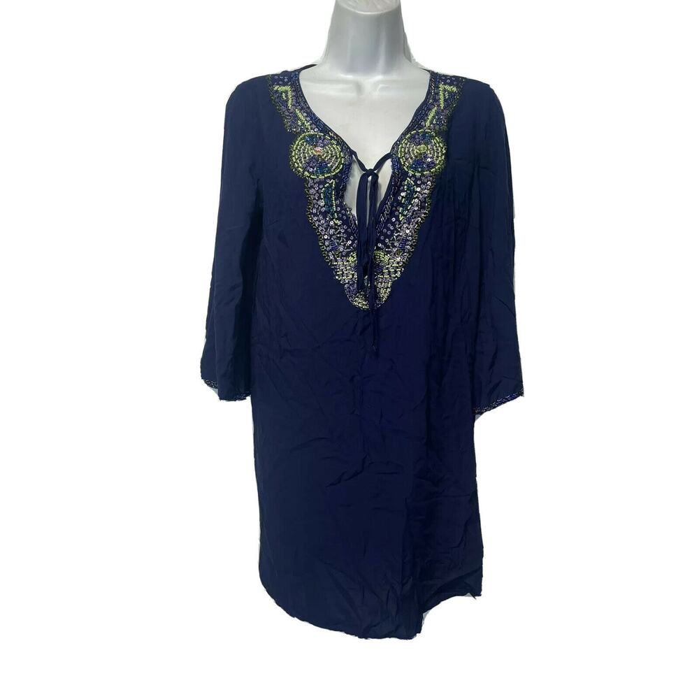 arc & co Women’s Size S blue beaded long sleeve v-neck tunic dress